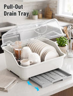 Tomorotec Plastic Dish Drying Rack & Drain Board with Lid Cover Light White - Image 2
