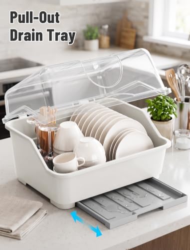 Tomorotec Plastic Dish Drying Rack & Drain Board with Lid Cover Light White - Image 2