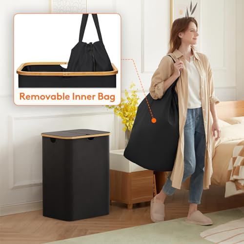 Lifewit 150L Large Laundry Basket with Lid, 2 Removable Bags, Black - Image 3