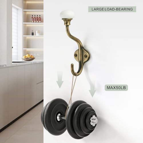 CHIVS Coat Hooks- 5 Pack Matte Brass Brushed Wall Hooks, Ceramic Coat Hooks, Decorative Wall Mounted Towel Hanger, zinc Double Prong Hook for Hanging Clothes, Keys, Hats, Backpacks - Image 6