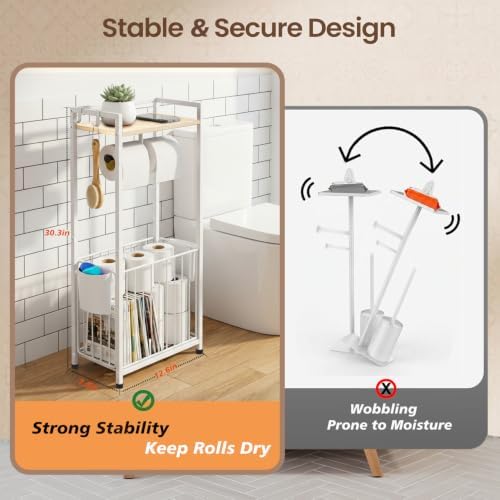 Freestanding Toilet Paper Holder Stand with Hooks & Storage:Large Capacity - Image 7