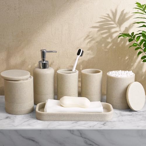 LIN CHUAN 6-Piece Bathroom Accessories Set, Bathroom Organizer, Beige - Image 2