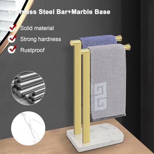 NearMoon Hand Towel Holder with Balanced Marble Base, SUS304 Stainless Steel Stand Towel Ring L Shape Hand Towel Rack Free-Standing Towel Bar for Bathroom Kitchen Countertop (Double Rod, Brushed Gold) - Image 3