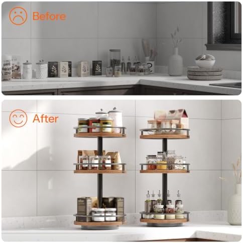 HOOBRO 3-Tier Lazy Susan Organizer, Rotating Spice Rack, Turntable Spice Rack, Vertical Storage Organizer, for Kitchen Countertop, Vanity, Dining Table, Rustic Brown and Black BF09TL01 - Image 3