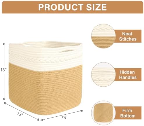 danpinera 3-Pack Cube Storage Bins, 13"x13" Cotton Rope Woven Baskets for Organizing, Square Storage Baskets for Shelves, Books, Towels, Clothes, Toys, White & Khaki - Image 2