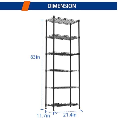 REGILLER 6 Wire Shelving Steel Storage Rack Adjustable Unit Shelves for Laundry Bathroom Kitchen Pantry Closet(Black,11.7" D x 21.4" W x 63" H) - Image 3