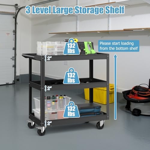 Goplus 3-Layer Service Utility Cart, Heavy Duty Unity Cart with Flat Handle, 2 Lockable Universal Wheel, 400 lbs Capacity, Rolling Tool Cart for Garage, Kitchen, Hotel, Office, Workshop Black - Image 4
