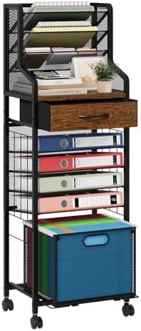 SWTYMIKI 10-Tier Rolling File Cart - Mesh Paper Organizer with Drawer & Hanging File Folders on Lockable Wheels, Rolling File Cabinet for Office Organization, Storage in Home, Studio, School, Espresso by SwtyMiki-TidyHomeSweetLife