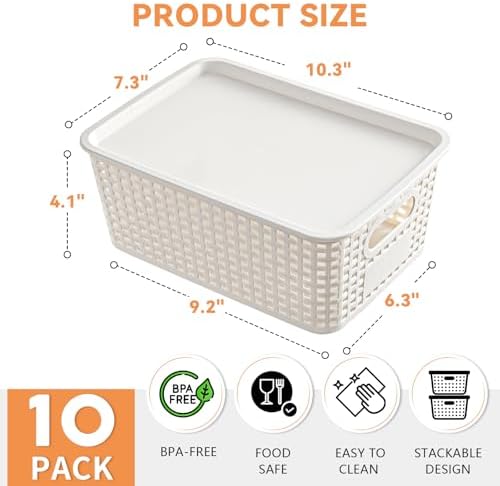 10 Pack Small Plastic Storage Bins with Lids, Stackable Plastic Storage Baskets for Organizing with Handles, Organizer Bins with Labels for Room, Craft, Containers for Pantry Organizers and Storage - Image 3