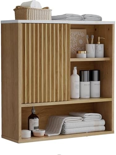 FerniTry Farmhouse Bathroom Wall Cabinet Fluted,Medicine Cabinet Over The Toilet Storage Cabinet with Adjustable Shelf, Wood Wall Mounted Storage Cabinet Organizer (Oak, Medium) by FerniTry
