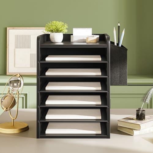 HOOBRO Adjustable Countertop Mail Sorter, 6 Tier Wooden Paper Organizer, Vertical Literature Organizer with Side Storage, Office Mailbox Cubbies, Classroom Mailbox, for Home, Office, Black BB34WF01 - Image 6