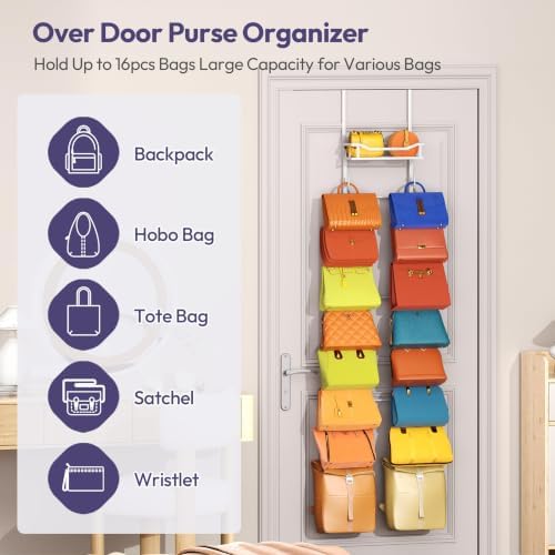 SWTYMIKI Over The Door Purse Organizer - Wall Mounted Purse Rack with 16 Hooks and Metal Basket, Handbag Hanger Organizer Holds up to 16 Bags, Bag Rack Can Use As 1/2 Part, for Door, Closet - Image 4
