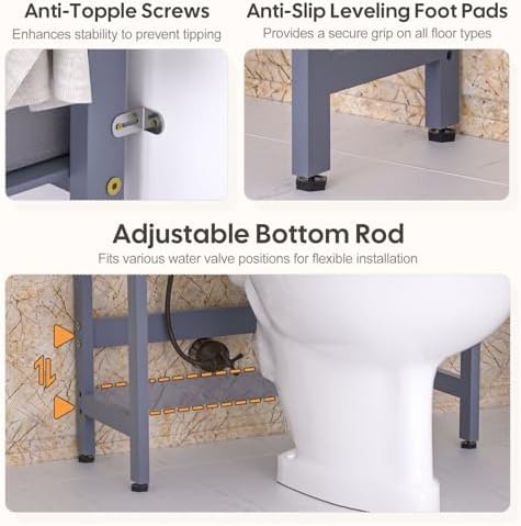 Homde Bathroom Over Toilet Storage Rack: Adjustable 4-Tier Bamboo (Grey) - Image 5