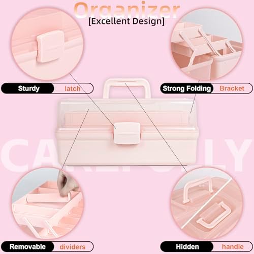 TERGOO 14in 3-Layer Multipurpose Craft Organizers and Storage with Adjustable Dividers, Portable Tackle Box, Folding Art & Craft Case for Medicine, Tool, Sewing Organizer (Pink, X-Large) - Image 6