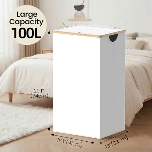 efluky Laundry Hamper with Lid, 100L Tall Laundry Basket with Bamboo Handles for Clothes and Toys, Collapsible Laundry Hamper with Inner Bag for Bedroom and Bathroom, White - Image 3