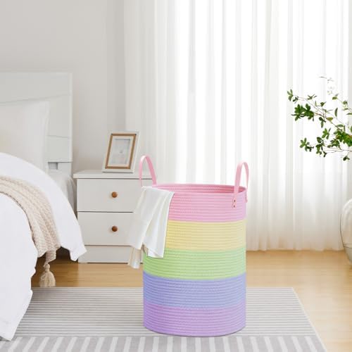 VIPOSCO 72L Tall Woven Rope Laundry Hamper, Leather Handles, Rainbow - Image 4