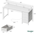 Huuger 55 Inch Computer Desk with Power Outlets and LED Lights, Gaming Desk with 4 Drawers, Office Desk with Monitor Stand, Study Work Home Office, White - Image 2