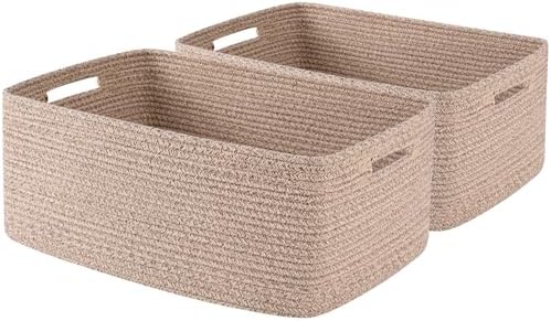 OIASKET Large Storage Basket for Organizing, Woven Rope Basket for Shelves, Closet Organizer Bins for Clothes, Blanket, Toys, Baby Nursery Storage, 17.7" x 13" x 7.87", 2 Packs Brown by OIASKET