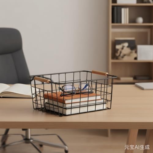 4 Pack Metal Wire Food Storage Basket Organizer with Wooden Handles for Organizing Kitchen Cabinets Black - Image 6
