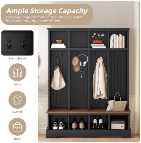 Merax Farmhouse Hall Tree with Bench and Shoe Storage, 59" Entryway Bench with Coat Rack, 3-in-1 Hall Tree with Top Compartments and 8 Hooks for Hallway, Living Room, Black - Image 5