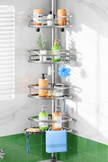 HAMITOR Shower Caddy Tension Pole: Rustproof Quick Install Standing Corner Bathroom Organizer Shelf on Floor for Renters - 4-Tier Large Capacity Storage Rack with Soap Holder for Apartment -Silver by HAMITOR