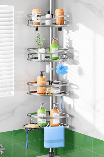 HAMITOR Shower Caddy Tension Pole: Rustproof Quick Install Standing Corner Bathroom Organizer Shelf on Floor for Renters - 4-Tier Large Capacity Storage Rack with Soap Holder for Apartment -Silver by HAMITOR