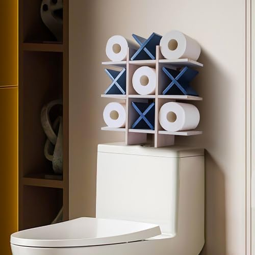 DAOYOUSKY Tic Tac Toe Toilet Paper Holder Stand with 4pcs Wooden X, Farmhouse Rustic Wall Mounted Funny Toilet Papers Storage Organizer with Shelf, Guest Bathroom Decor, White and Blue - Image 3