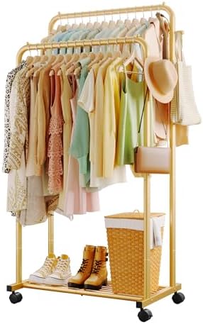 Sakugi Double Rod Clothes Rack Mesh Shelf & Hooks, 28.7x16.5x59.1, Gold by Sakugi