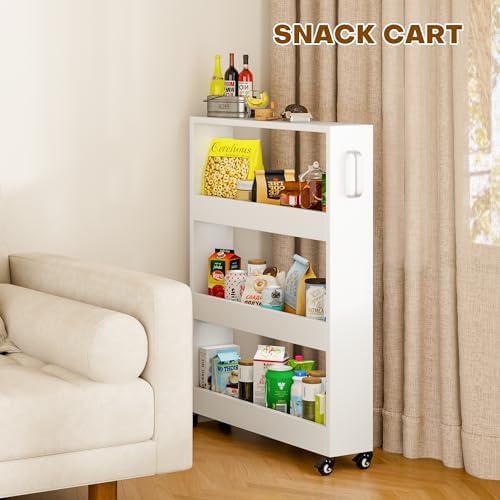 Slim Storage Cart, Lightweight 4 Tier Metal Rolling Utility Kitchen Cart on Wheels, Mobile Storage Shelving Unit Organizer for Bathroom Laundry Office Narrow Places (4 Tier-White, 6" D) - Image 5