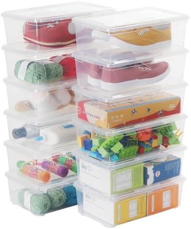 Stackable Plastic Storage Shoebox, BPA-Free Nestable Container with Latching Lid to Organize Shoes, See-Through Box for Home and Office, Multi-Purpose Clear Bins (12 Pack 6 Quart) by OMNISAFE