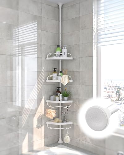 Corner Shower Caddy:125" Adjustable Inside Tension Shower Organizer Tension Pole,Rustproof Bathroom Organizer Shelves for Bathtub Shampoo Conditioner Storage,Floor to Ceiling Standing Showering Rack by Lilyvane