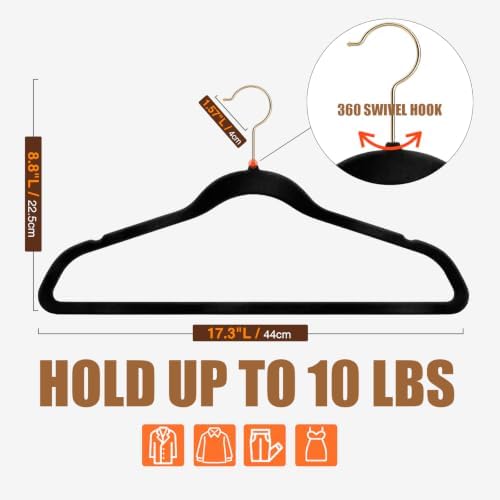 Flottian 60 Pack Black Velvet Hangers Non Slip,Felt Hangers with Gold Hook - Image 2