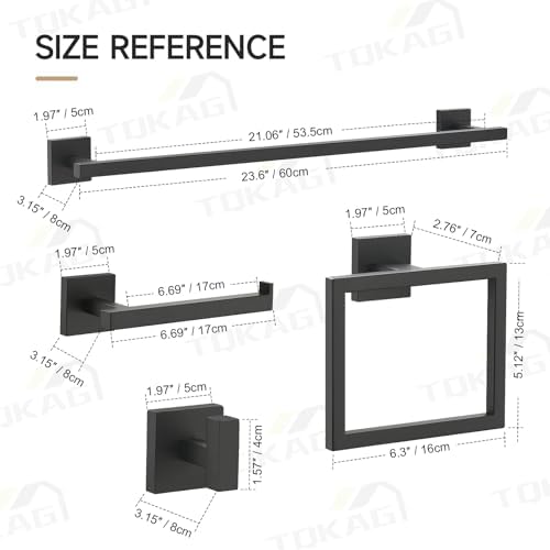 TQKAG Matte Black Bathroom Hardware Accessories Set 10 Pieces, 23.6" SUS304 Stainless Steel Towel Bar Set Wall Mounted Includes Single Towel Bar, Towel Ring, Toilet Paper Holder, Double Towel Hooks - Image 6