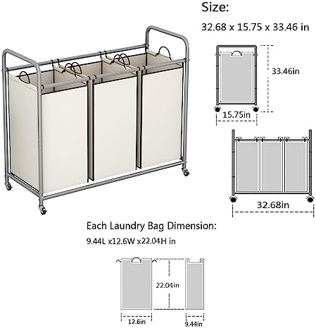 LINZINAR 3 Section Laundry Hamper, Beige Laundry Basket 135L Laundry Sorter - Image 5