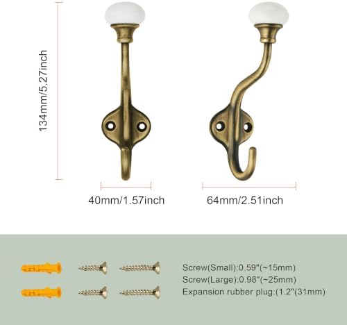 CHIVS Coat Hooks- 5 Pack Matte Brass Brushed Wall Hooks, Ceramic Coat Hooks, Decorative Wall Mounted Towel Hanger, zinc Double Prong Hook for Hanging Clothes, Keys, Hats, Backpacks - Image 2