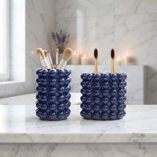 Better Trends 2-Piece Bathroom Accessory Set – Toothbrush Holder & Bubble Textured Tumbler Cup, Unbreakable Plastic Vanity Organizer for Modern Bathroom Countertop Décor Navy Nova Collection by BetterTrends