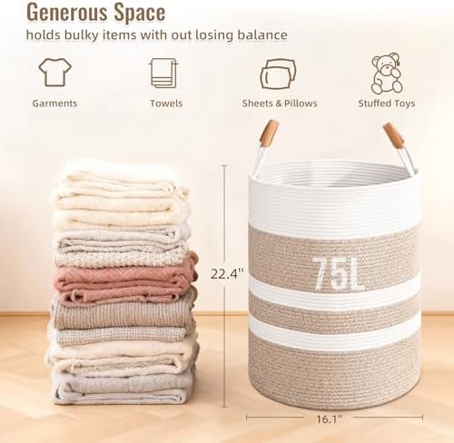 Large Laundry Basket, Laundry Hamper with Leather Handles, 75L Woven Dirty Clothes Hamper, Rope Hampers for Bedroom, Barthroom, Brown - Image 5