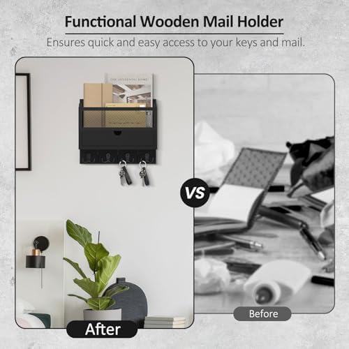 Nekon Mail Organizer with Drawer for Wall, Wooden Key Holder, Black - Image 7
