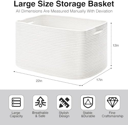 ICERZCZ Large Rectangle Blanket Basket, Large Storage Basket, Cotton Rope Woven Baskets for Storage with Handles, Toy Baskets for Baby Nursery Living Room Bedroom, 22”x17”x12”, White, 75L - Image 3