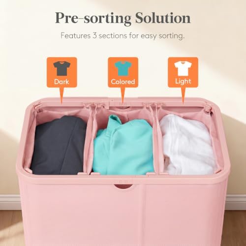 Lifewit 185L 3 Section Laundry Hamper with Lid, Laundry Basket, Pink - Image 3