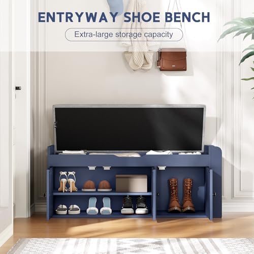 42.6" Storage Bench - Shoe Storage Bench with Side Storage Shelves and 3 Doors, Multifunctional Entryway Bench with Lift Top Cushion, Shoe Bench for Bedroom, Living Room, Entryway, Navy Blue - Image 3