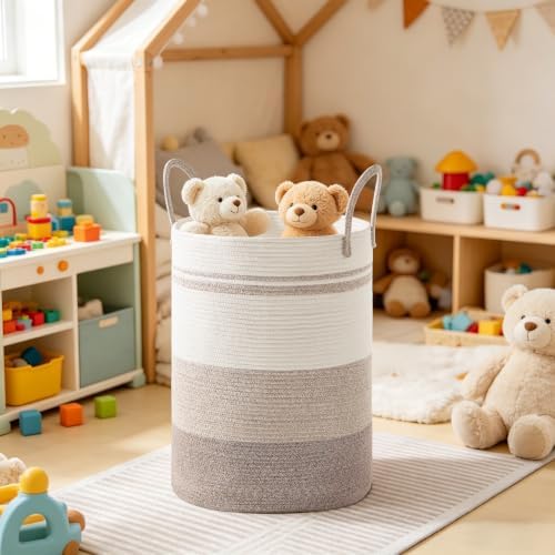 100L Extra Large Tall Cotton Rope Laundry Basket with Handle, Brown Striped - Image 6