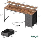 Huuger 55 Inch Computer Desk with Power Outlets and LED Lights, Gaming Desk with 4 Drawers, Office Desk with Monitor Stand, Study Work Home Office, Rustic Brown - Image 2