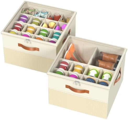 Shoe Organizer for Closet,2 Pack Foldable Shoe Storage Organizer Box Bin with Adjustable Dividers and Clear Cover, Fits up to 16-32 Pairs（Beige） by FIKSG