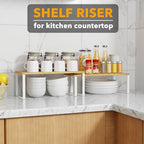 SpaceAid Cabinet Shelf Organizers 2 Pack, Kitchen Counter Rack Shelves Riser, Stackable Expandable Spice Rack, Pantry Cupboard Storage Organization (White and Natural, Long) - Image 4