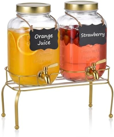 1 Gallon Glass Drink Dispenser Set of 2 – Drink Dispensers for Parties, Beverage Dispenser with Stand & 100% Leakproof Spigot, Ideal for Lemonade, Juice, Laundry Detergent Dispenser by Edycur