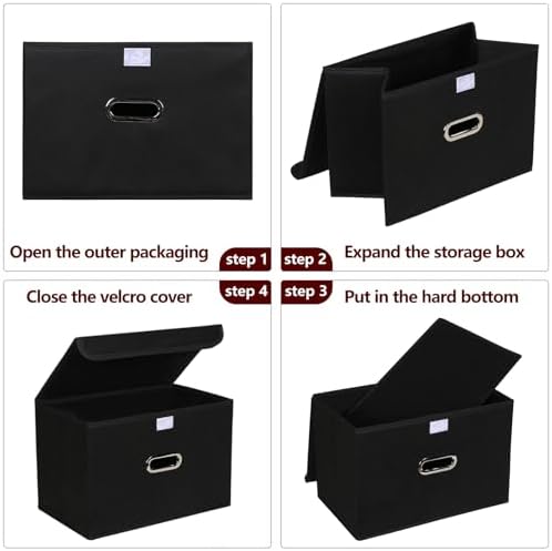 STOREONE Fabric Storage Cube Bins Foldable Organizer Container Collapsible Basket with Lids and Metal Handles, for Home, Bedroom, Closet 6 Pcs (Black) - Image 6
