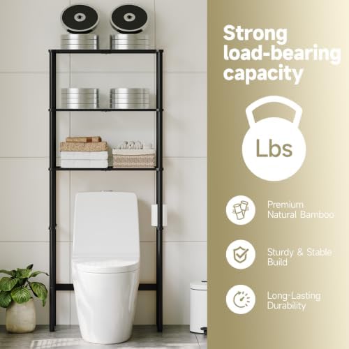 Over The Toilet Storage,3-Tier Bamboo Bathroom Shelf with Paper Holder - Image 7