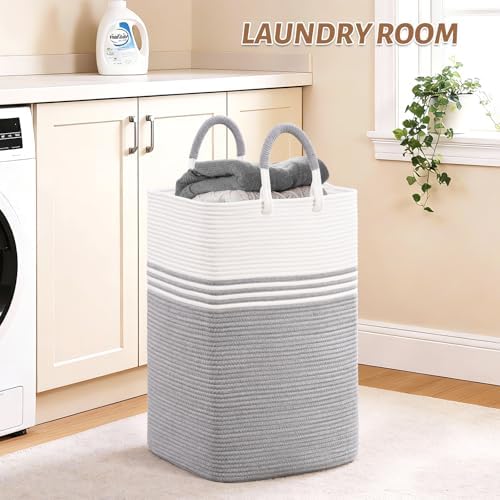 Laundry Basket Hamper,Blanket Storage,Dirty Clothes Hamper with Swivel Handles,Woven Cotton Rope Toy Baskets,Blanket Basket Living Room,Decorative Hampers for Nursery,Bedroom,White & Gray,100L - Image 3