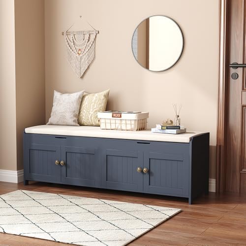 HOMEFORT 54.4" Shoe Bench with Lift Top Storage, Entryway Bench with Cushioned Seat, Wooden End of Bed Bench, Shoe Cabinet Bench with Hidden Storage Space, for Bedroom, Hallway,Blue - Image 2